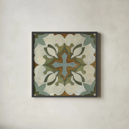 Old World Tile IX by Silvia Vassileva. Shown in a sleek black glass frame for a contemporary gallery look. Available as an archival giclee rolled canvas, fine art paper, or poster print. SKU 58100a.