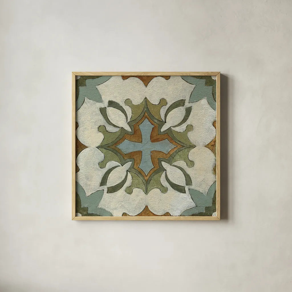 Old World Tile IX by Silvia Vassileva. Shown in a natural wood glass frame for a timeless modern aesthetic. Available as an archival giclee rolled canvas, fine art paper, or poster print. SKU 58100a.