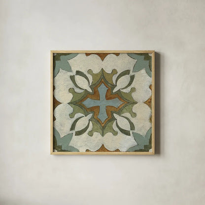 Old World Tile IX by Silvia Vassileva. Shown in a natural wood glass frame for a timeless modern aesthetic. Available as an archival giclee rolled canvas, fine art paper, or poster print. SKU 58100a.
