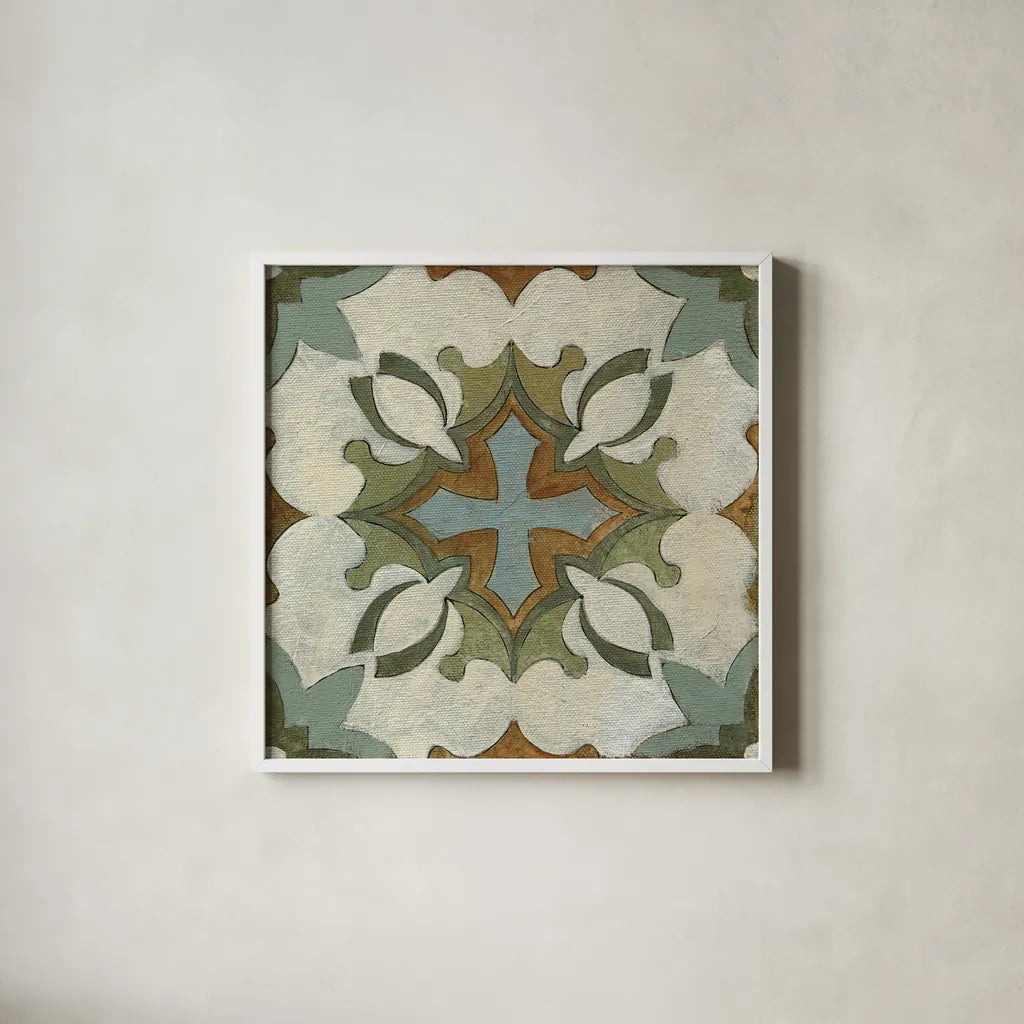Old World Tile IX by Silvia Vassileva. Shown in a crisp white glass frame for a clean and minimalist style. Available as an archival giclee rolled canvas, fine art paper, or poster print. SKU 58100a.