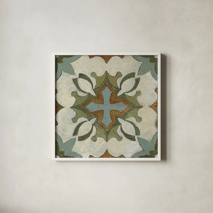 Old World Tile IX by Silvia Vassileva. Shown in a crisp white glass frame for a clean and minimalist style. Available as an archival giclee rolled canvas, fine art paper, or poster print. SKU 58100a.