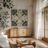 Old World Tile V by Silvia Vassileva. Shown in a natural wood frame in a cozy modern living room. Available as an archival giclee rolled canvas, fine art paper, or poster print. SKU 58096a.