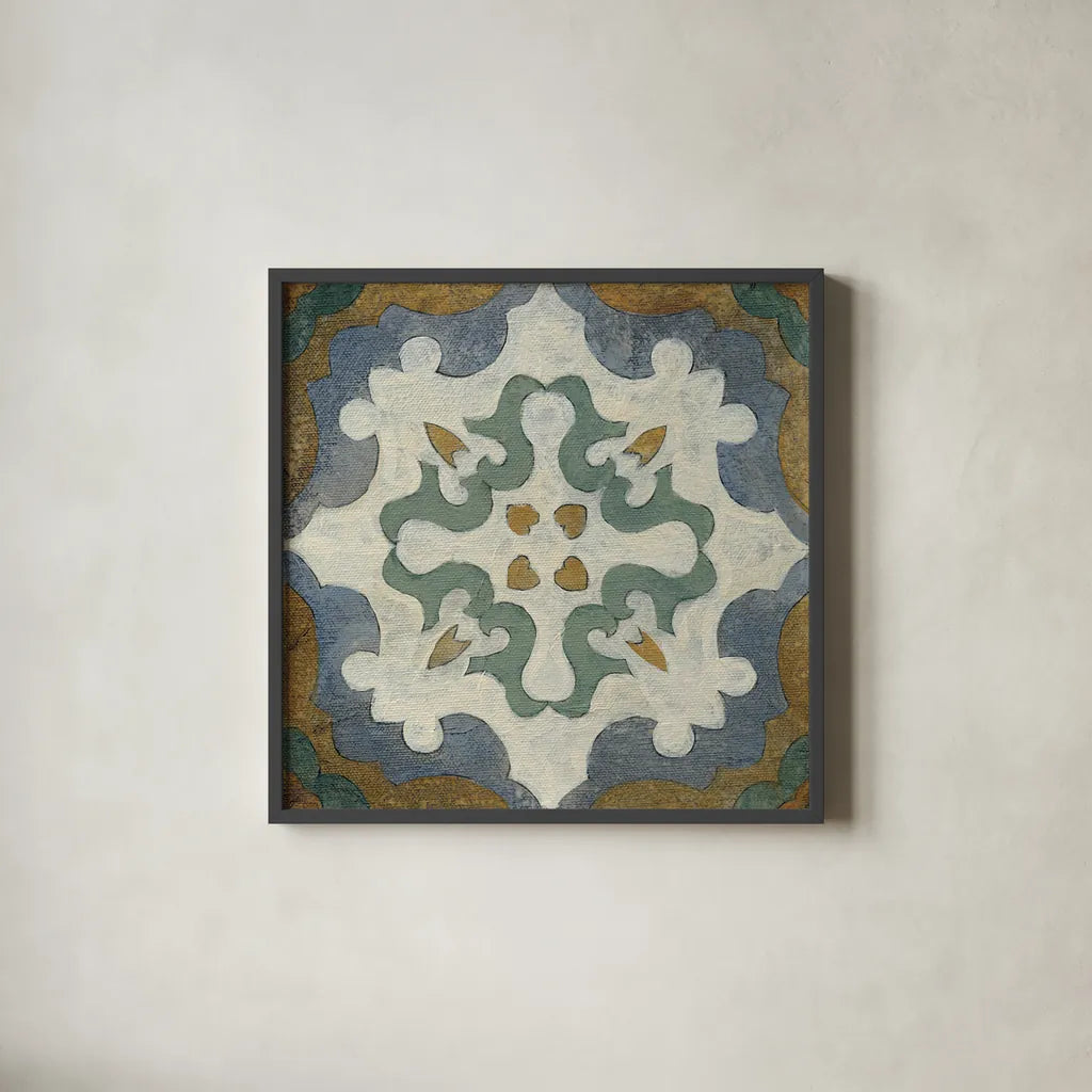 Old World Tile VI by Silvia Vassileva. Shown in a sleek black glass frame for a contemporary gallery look. Available as an archival giclee rolled canvas, fine art paper, or poster print. SKU 58097a.
