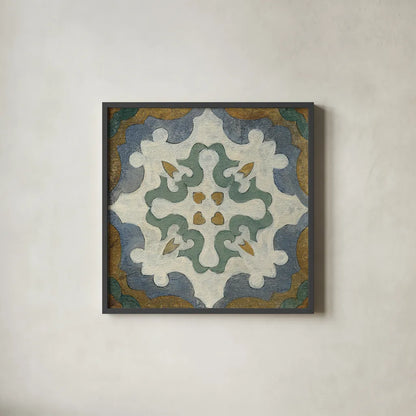 Old World Tile VI by Silvia Vassileva. Shown in a sleek black glass frame for a contemporary gallery look. Available as an archival giclee rolled canvas, fine art paper, or poster print. SKU 58097a.