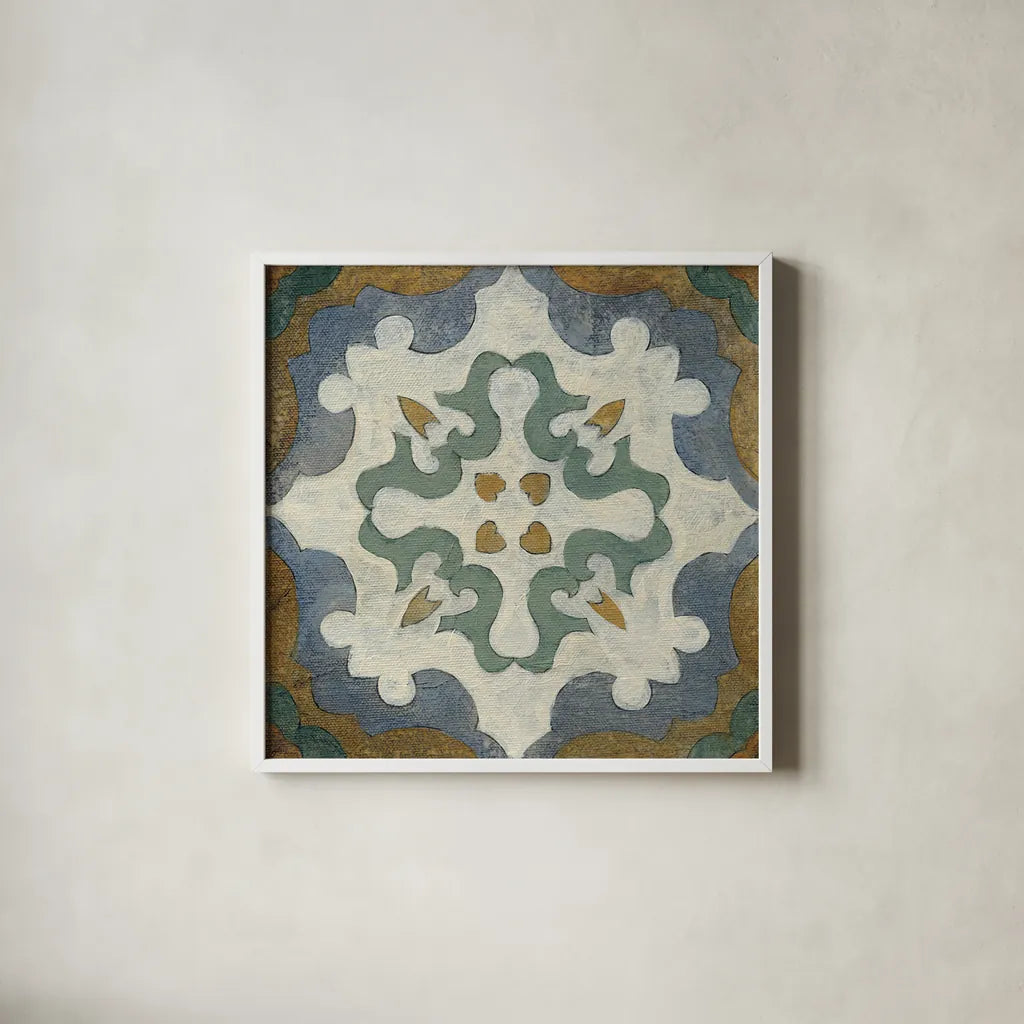 Old World Tile VI by Silvia Vassileva. Shown in a crisp white glass frame for a clean and minimalist style. Available as an archival giclee rolled canvas, fine art paper, or poster print. SKU 58097a.