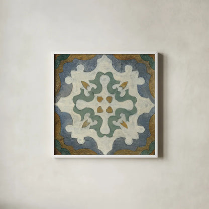 Old World Tile VI by Silvia Vassileva. Shown in a crisp white glass frame for a clean and minimalist style. Available as an archival giclee rolled canvas, fine art paper, or poster print. SKU 58097a.
