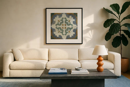 Old World Tile VI by Silvia Vassileva. Displayed in a glass frame with matte in a clean modern living room. Available as an archival giclee rolled canvas, fine art paper, or poster print. SKU 58097a.