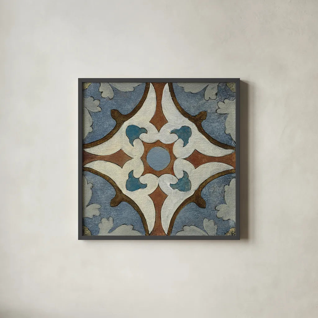 Old World Tile VII by Silvia Vassileva. Shown in a sleek black glass frame for a contemporary gallery look. Available as an archival giclee rolled canvas, fine art paper, or poster print. SKU 58098a.