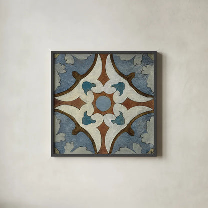 Old World Tile VII by Silvia Vassileva. Shown in a sleek black glass frame for a contemporary gallery look. Available as an archival giclee rolled canvas, fine art paper, or poster print. SKU 58098a.