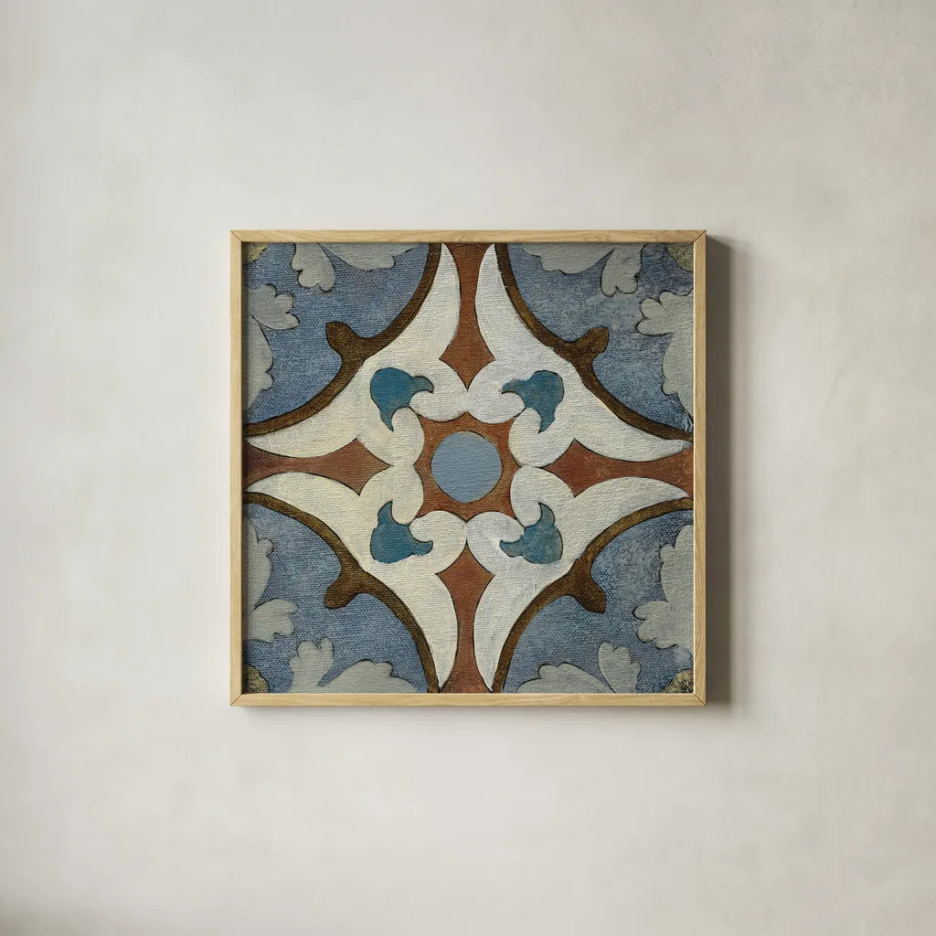 Old World Tile VII by Silvia Vassileva. Shown in a natural wood glass frame for a timeless modern aesthetic. Available as an archival giclee rolled canvas, fine art paper, or poster print. SKU 58098a.