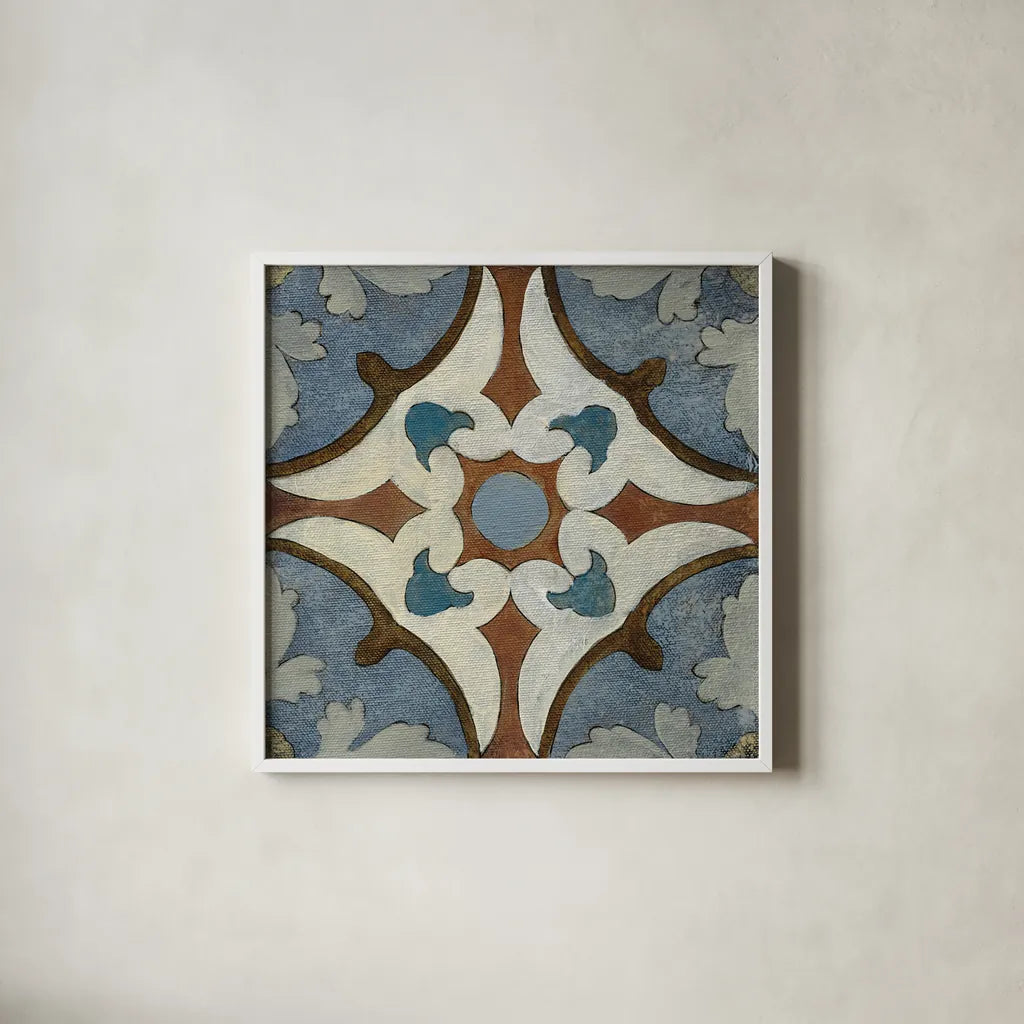 Old World Tile VII by Silvia Vassileva. Shown in a crisp white glass frame for a clean and minimalist style. Available as an archival giclee rolled canvas, fine art paper, or poster print. SKU 58098a.