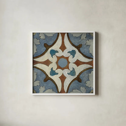 Old World Tile VII by Silvia Vassileva. Shown in a crisp white glass frame for a clean and minimalist style. Available as an archival giclee rolled canvas, fine art paper, or poster print. SKU 58098a.