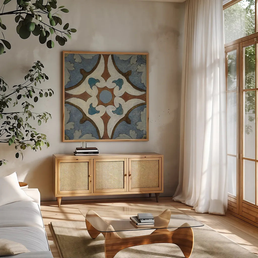 Old World Tile VII by Silvia Vassileva. Shown in a natural wood frame in a cozy modern living room. Available as an archival giclee rolled canvas, fine art paper, or poster print. SKU 58098a.
