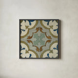 Old World Tile VIII by Silvia Vassileva. Shown in a sleek black glass frame for a contemporary gallery look. Available as an archival giclee rolled canvas, fine art paper, or poster print. SKU 58099a.