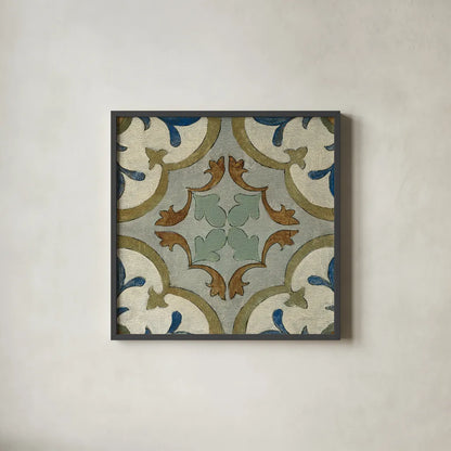 Old World Tile VIII by Silvia Vassileva. Shown in a sleek black glass frame for a contemporary gallery look. Available as an archival giclee rolled canvas, fine art paper, or poster print. SKU 58099a.