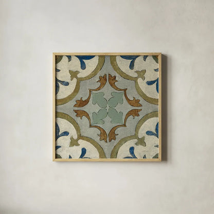 Old World Tile VIII by Silvia Vassileva. Shown in a natural wood glass frame for a timeless modern aesthetic. Available as an archival giclee rolled canvas, fine art paper, or poster print. SKU 58099a.