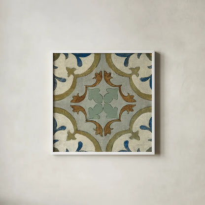 Old World Tile VIII by Silvia Vassileva. Shown in a crisp white glass frame for a clean and minimalist style. Available as an archival giclee rolled canvas, fine art paper, or poster print. SKU 58099a.