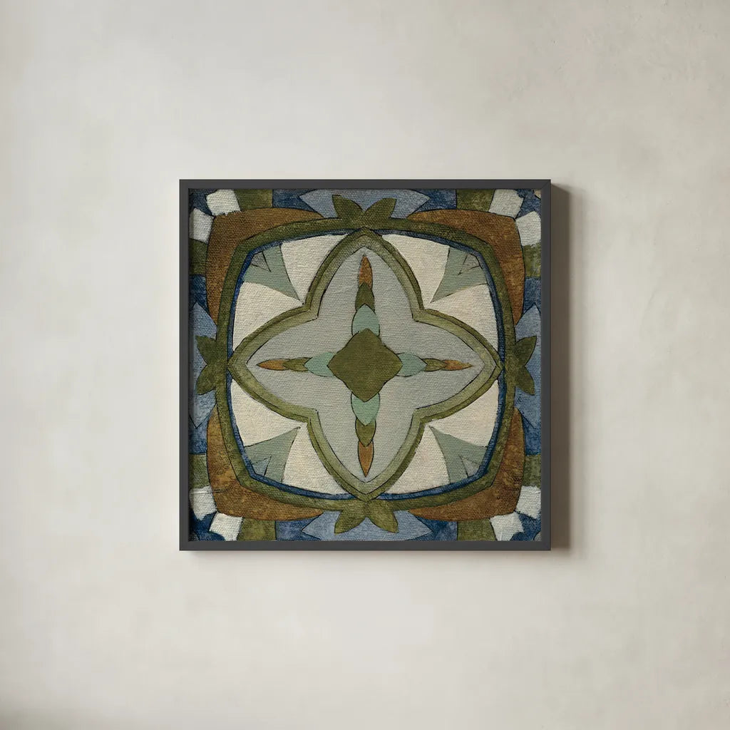 Old World Tile X by Silvia Vassileva. Shown in a sleek black glass frame for a contemporary gallery look. Available as an archival giclee rolled canvas, fine art paper, or poster print. SKU 58101a.