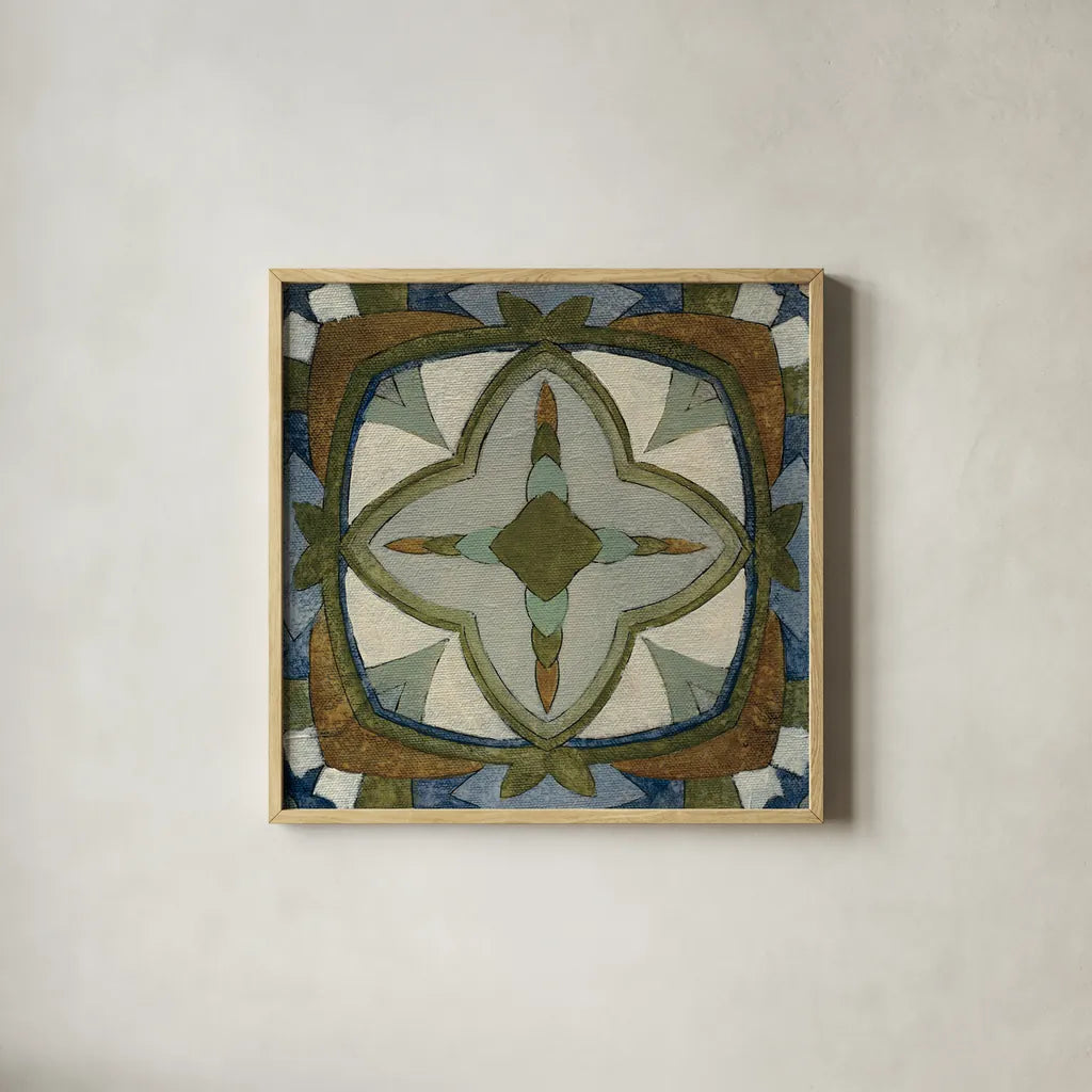 Old World Tile X by Silvia Vassileva. Shown in a natural wood glass frame for a timeless modern aesthetic. Available as an archival giclee rolled canvas, fine art paper, or poster print. SKU 58101a.