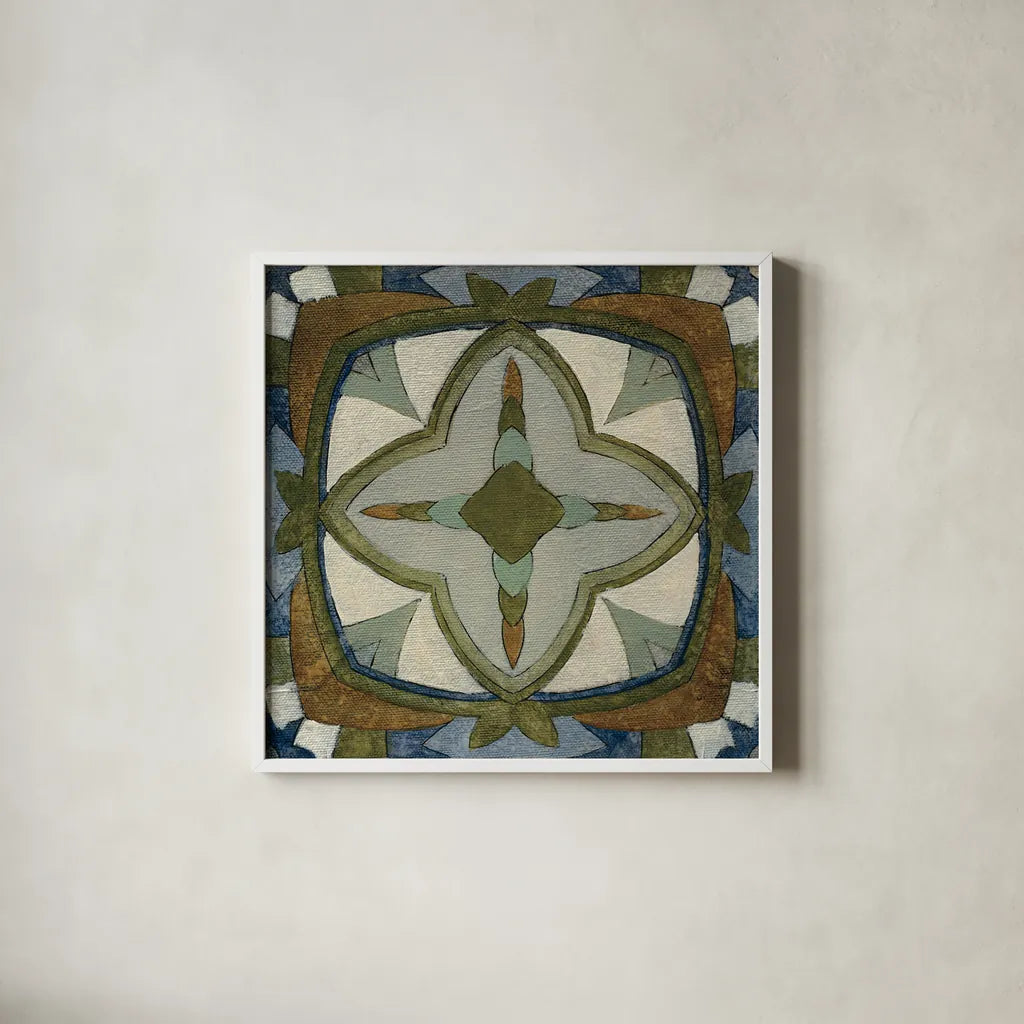 Old World Tile X by Silvia Vassileva. Shown in a crisp white glass frame for a clean and minimalist style. Available as an archival giclee rolled canvas, fine art paper, or poster print. SKU 58101a.
