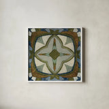 Old World Tile X by Silvia Vassileva. Shown in a crisp white glass frame for a clean and minimalist style. Available as an archival giclee rolled canvas, fine art paper, or poster print. SKU 58101a.