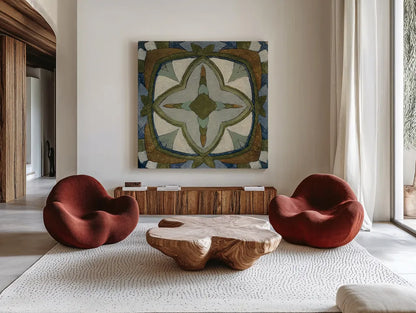 Old World Tile X by Silvia Vassileva. Shown as extra-large giant wall art in a modern living room. Available as an archival giclee rolled canvas, fine art paper, or poster print. SKU 58101a.