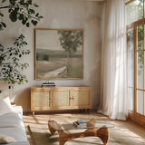 Olive Trees Crop by Silvia Vassileva. Shown in a natural wood frame in a cozy modern living room. Available as an archival giclee rolled canvas, fine art paper, or poster print. SKU 79213a.