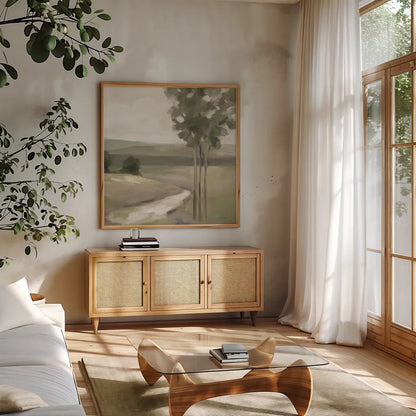 Olive Trees Crop by Silvia Vassileva. Shown in a natural wood frame in a cozy modern living room. Available as an archival giclee rolled canvas, fine art paper, or poster print. SKU 79213a.