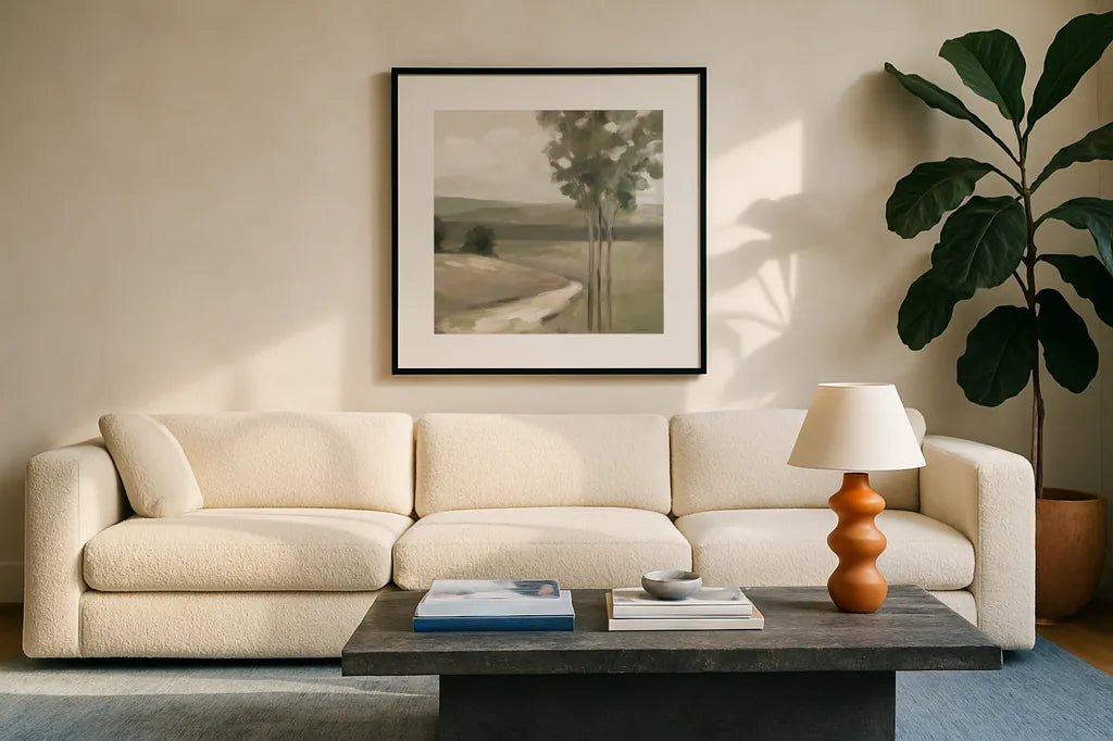 Olive Trees Crop by Silvia Vassileva. Displayed in a glass frame with matte in a clean modern living room. Available as an archival giclee rolled canvas, fine art paper, or poster print. SKU 79213a.