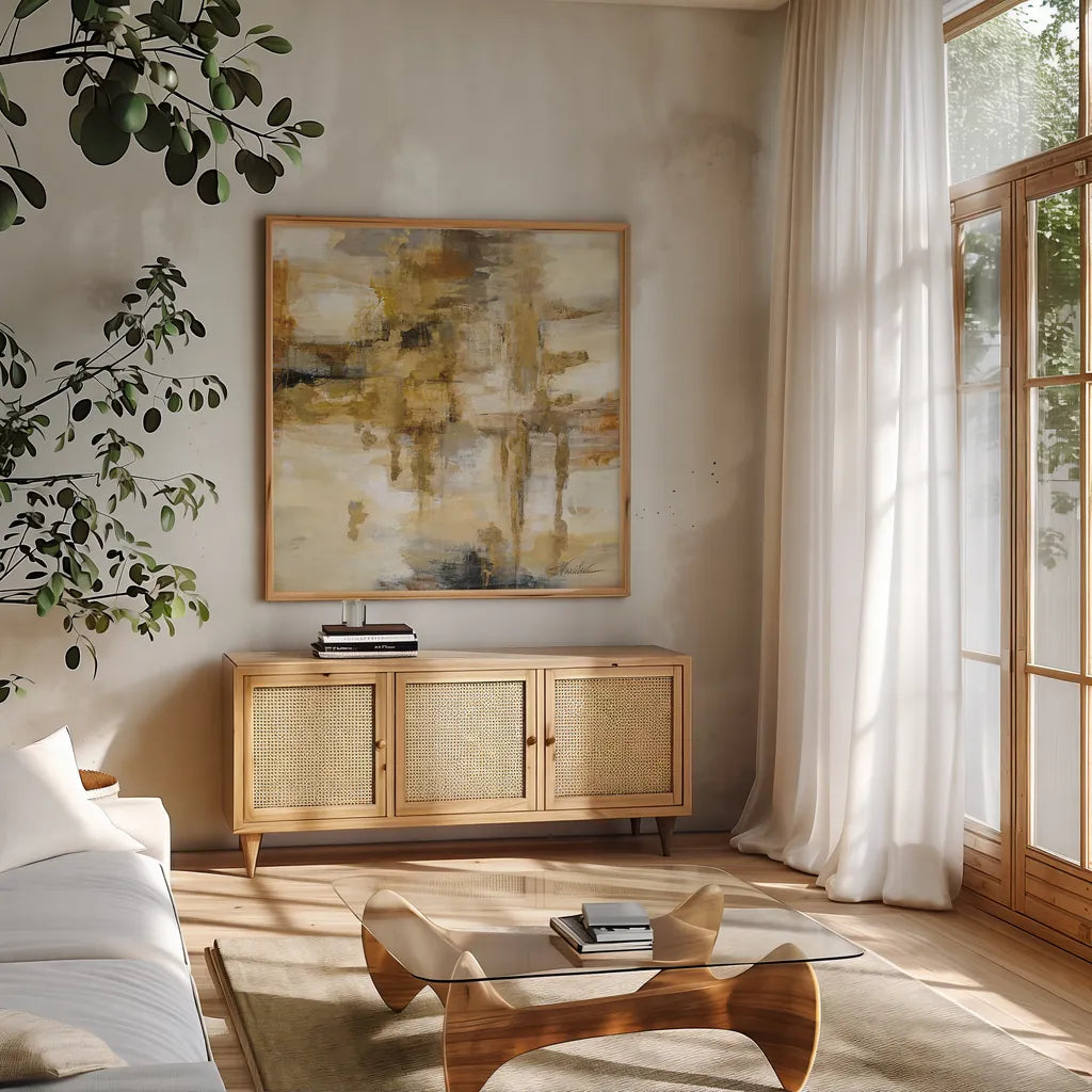 On the Bridge by Silvia Vassileva. Shown in a natural wood frame in a cozy modern living room. Available as an archival giclee rolled canvas, fine art paper, or poster print. SKU 21928a.