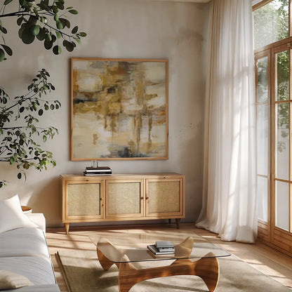 On the Bridge by Silvia Vassileva. Shown in a natural wood frame in a cozy modern living room. Available as an archival giclee rolled canvas, fine art paper, or poster print. SKU 21928a.