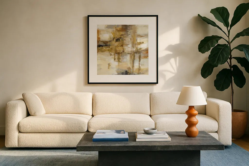 On the Bridge by Silvia Vassileva. Displayed in a glass frame with matte in a clean modern living room. Available as an archival giclee rolled canvas, fine art paper, or poster print. SKU 21928a.