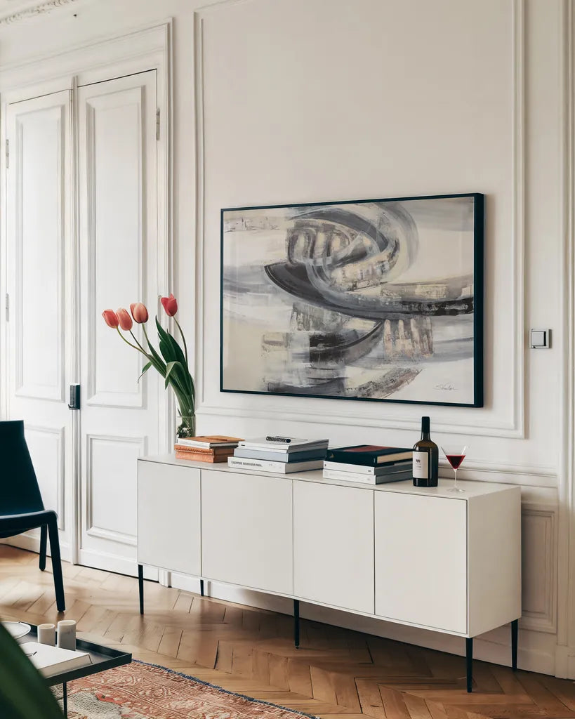 On the Road by Silvia Vassileva. shown as a framed stretched canvas in a living room above a console. Available as a archival giclee rolled canvas, fine art paper, or poster print. SKU 80855i.