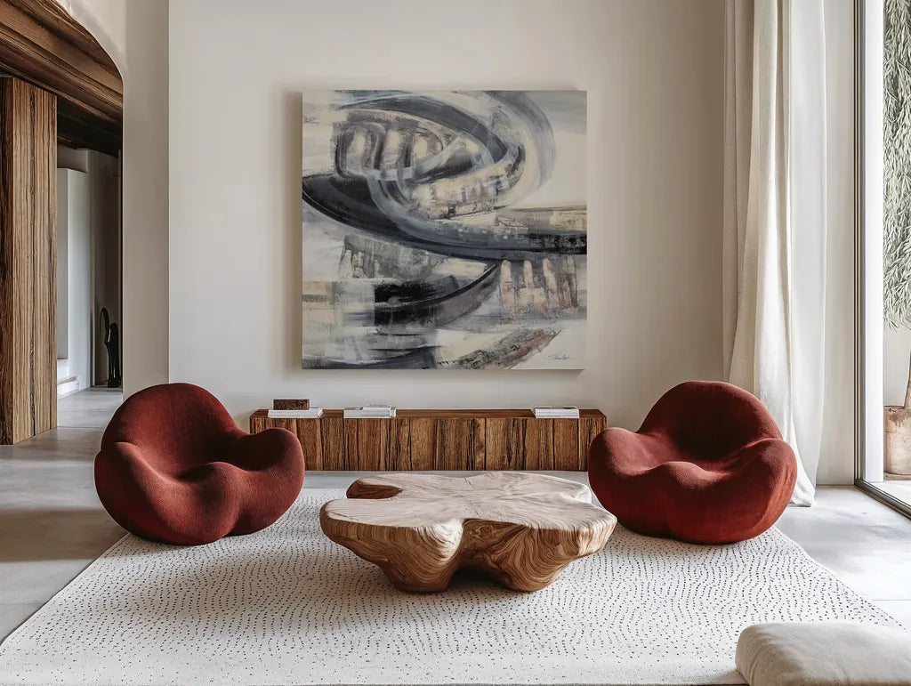 On the Road Sq by Silvia Vassileva. Shown as extra-large giant wall art in a modern living room. Available as an archival giclee rolled canvas, fine art paper, or poster print. SKU 80855a.