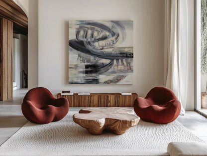 On the Road Sq by Silvia Vassileva. Shown as extra-large giant wall art in a modern living room. Available as an archival giclee rolled canvas, fine art paper, or poster print. SKU 80855a.