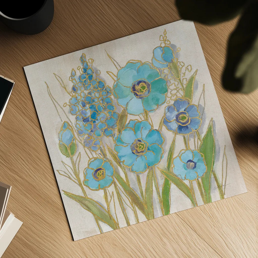 Opalescent Floral I Blue by Silvia Vassileva. Shown as a detailed flat fine art print, highlighting archival giclee quality. Available as an archival giclee rolled canvas, fine art paper, or poster print. SKU 69186a.