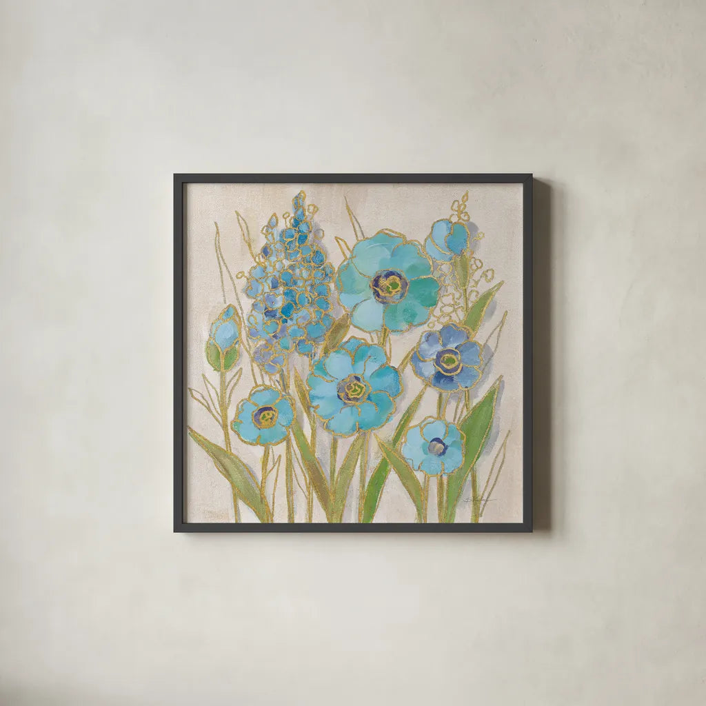 Opalescent Floral I Blue by Silvia Vassileva. Shown in a sleek black glass frame for a contemporary gallery look. Available as an archival giclee rolled canvas, fine art paper, or poster print. SKU 69186a.