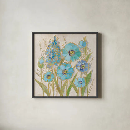 Opalescent Floral I Blue by Silvia Vassileva. Shown in a sleek black glass frame for a contemporary gallery look. Available as an archival giclee rolled canvas, fine art paper, or poster print. SKU 69186a.