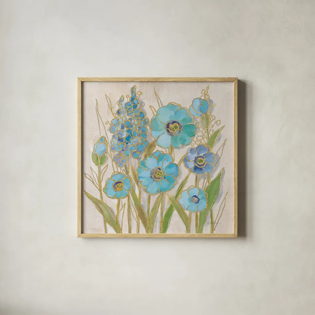 Opalescent Floral I Blue by Silvia Vassileva. Shown in a natural wood glass frame for a timeless modern aesthetic. Available as an archival giclee rolled canvas, fine art paper, or poster print. SKU 69186a.