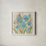 Opalescent Floral I Blue by Silvia Vassileva. Shown in a crisp white glass frame for a clean and minimalist style. Available as an archival giclee rolled canvas, fine art paper, or poster print. SKU 69186a.