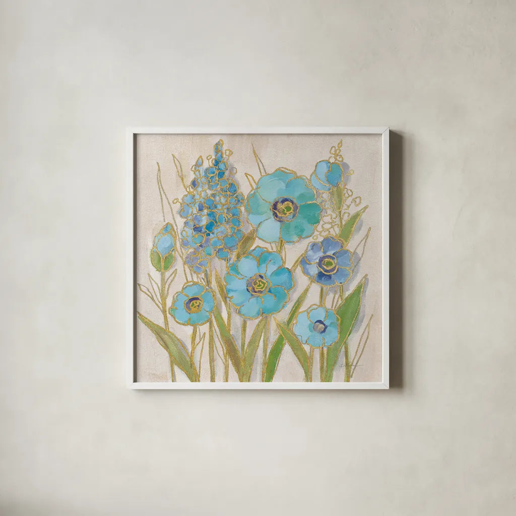 Opalescent Floral I Blue by Silvia Vassileva. Shown in a crisp white glass frame for a clean and minimalist style. Available as an archival giclee rolled canvas, fine art paper, or poster print. SKU 69186a.