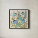 Opalescent Floral II Blue by Silvia Vassileva. Shown in a sleek black glass frame for a contemporary gallery look. Available as an archival giclee rolled canvas, fine art paper, or poster print. SKU 69187a.