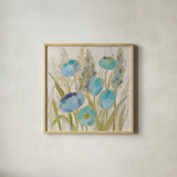 Opalescent Floral II Blue by Silvia Vassileva. Shown in a natural wood glass frame for a timeless modern aesthetic. Available as an archival giclee rolled canvas, fine art paper, or poster print. SKU 69187a.