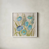 Opalescent Floral II Blue by Silvia Vassileva. Shown in a crisp white glass frame for a clean and minimalist style. Available as an archival giclee rolled canvas, fine art paper, or poster print. SKU 69187a.