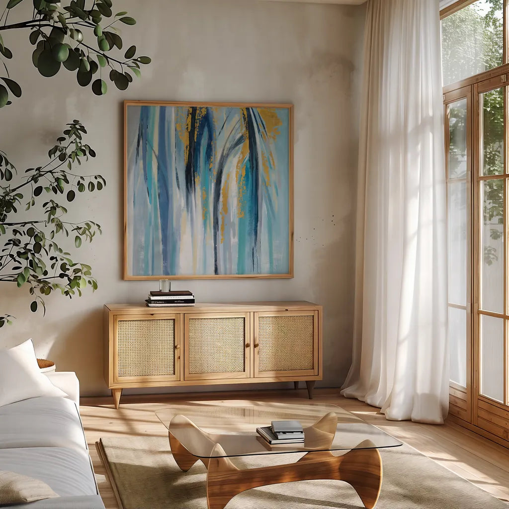 Organ Music by Silvia Vassileva. Shown in a natural wood frame in a cozy modern living room. Available as an archival giclee rolled canvas, fine art paper, or poster print. SKU 67009a.