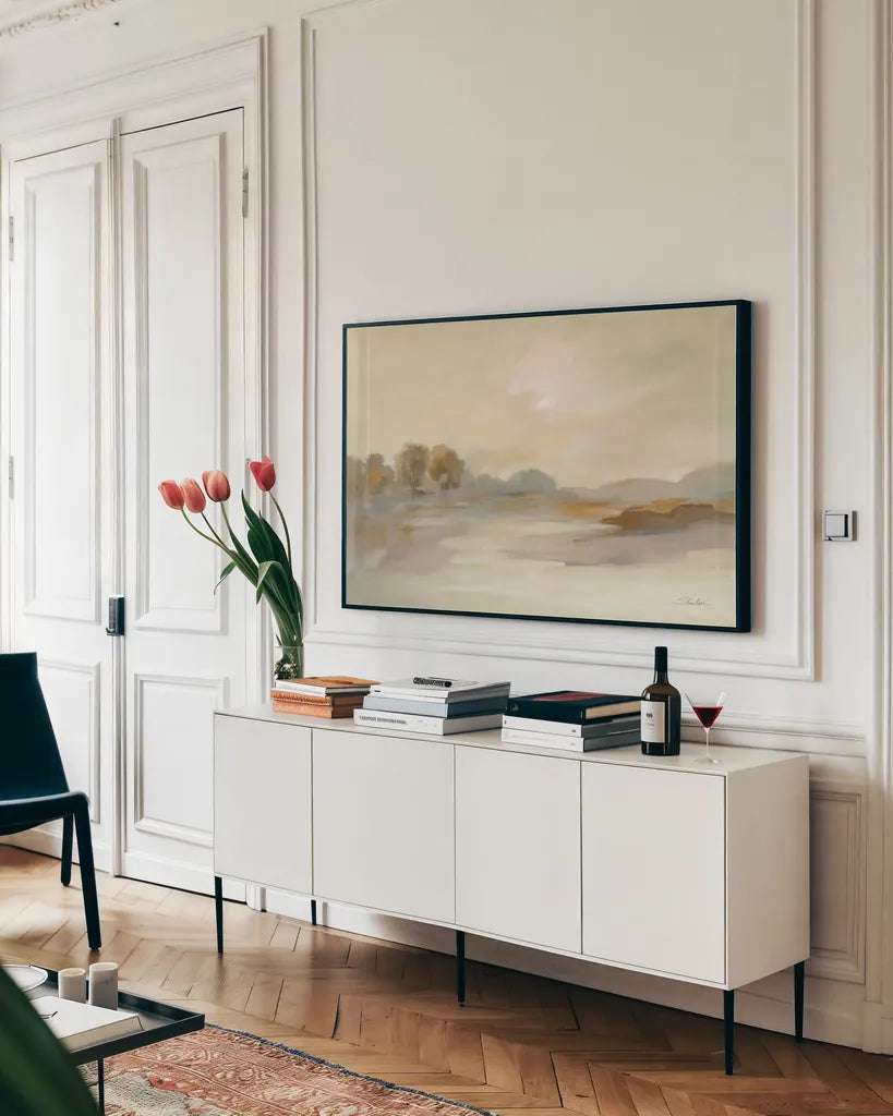 Organic Hues by Silvia Vassileva. shown as a framed stretched canvas in a living room above a console. Available as a archival giclee rolled canvas, fine art paper, or poster print. SKU 72112i.
