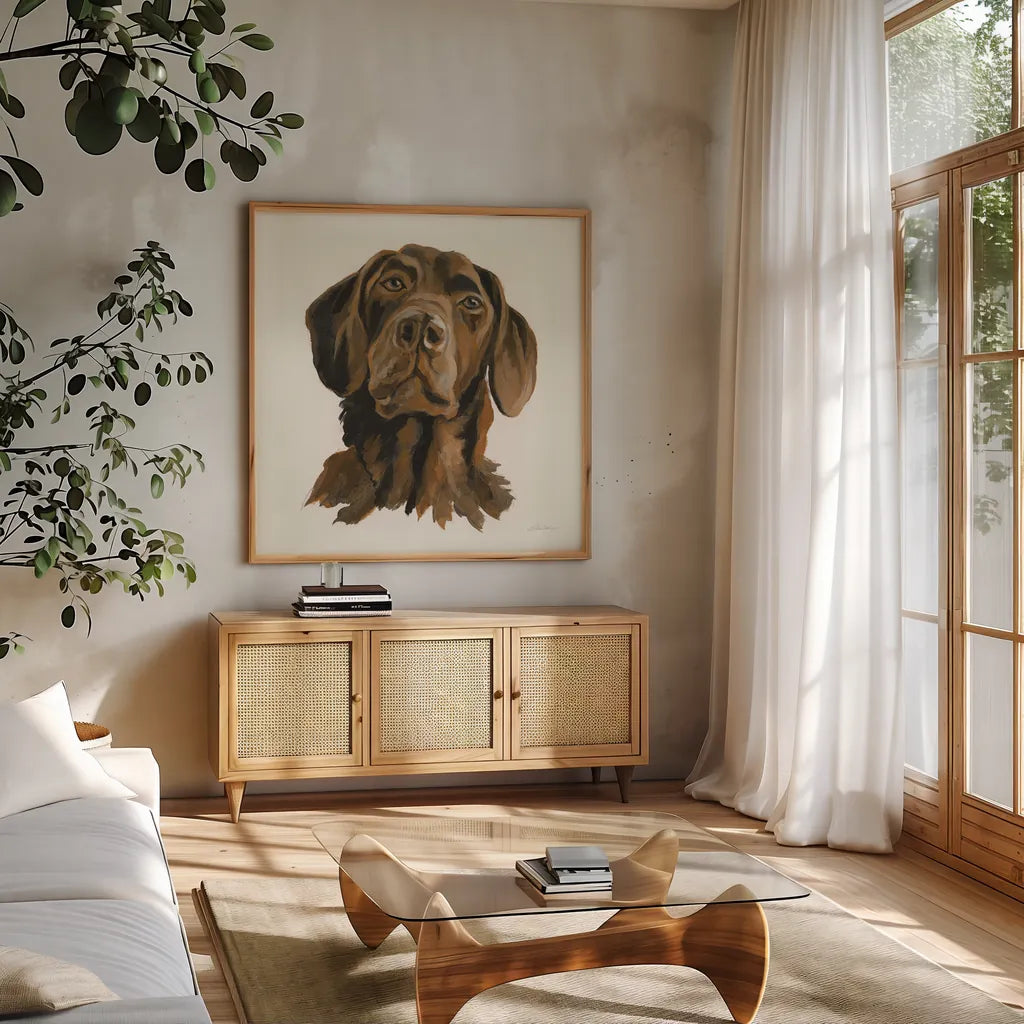 Oscar by Silvia Vassileva. Shown in a natural wood frame in a cozy modern living room. Available as an archival giclee rolled canvas, fine art paper, or poster print. SKU 56024a.