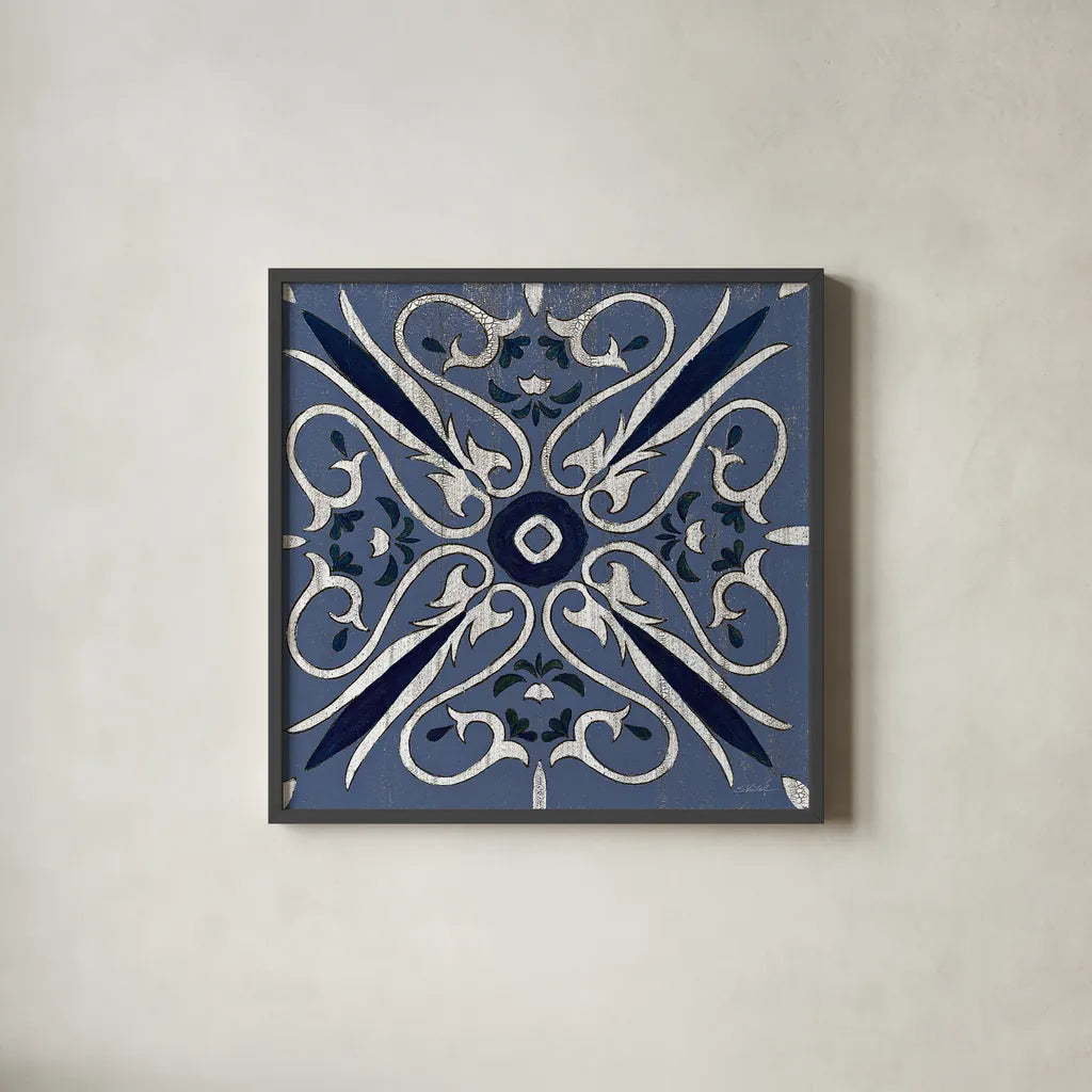 Oxford I Indigo and Cream by Silvia Vassileva. Shown in a sleek black glass frame for a contemporary gallery look. Available as an archival giclee rolled canvas, fine art paper, or poster print. SKU 29278a.