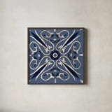 Oxford I Indigo and Cream by Silvia Vassileva. Shown in a sleek black glass frame for a contemporary gallery look. Available as an archival giclee rolled canvas, fine art paper, or poster print. SKU 29278a.