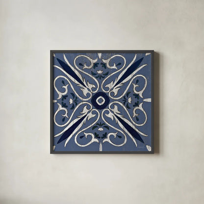 Oxford I Indigo and Cream by Silvia Vassileva. Shown in a sleek black glass frame for a contemporary gallery look. Available as an archival giclee rolled canvas, fine art paper, or poster print. SKU 29278a.